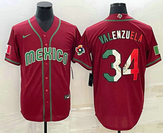 Mens Mexico Baseball #34 Fernando Valenzuela 2023 Red Blue World Baseball Classic Stitched Jerseys